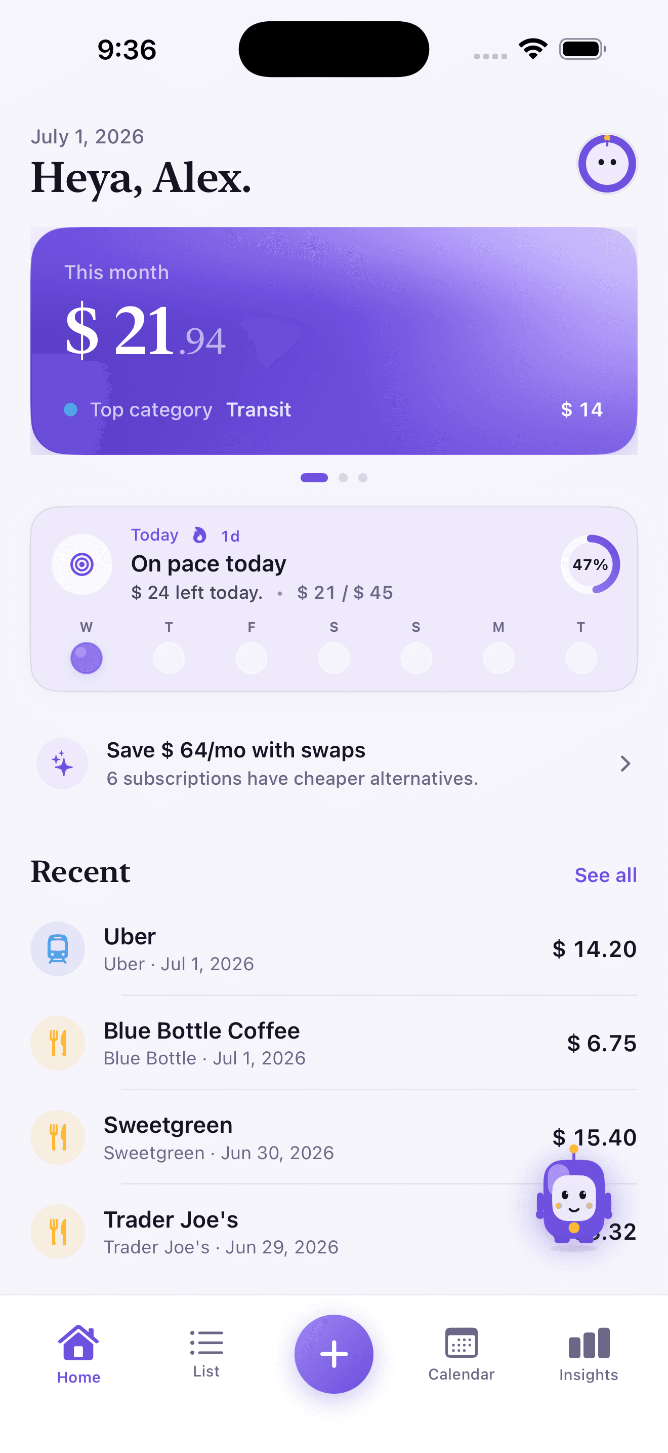 tracked. home dashboard showing this month's spending and recent transactions