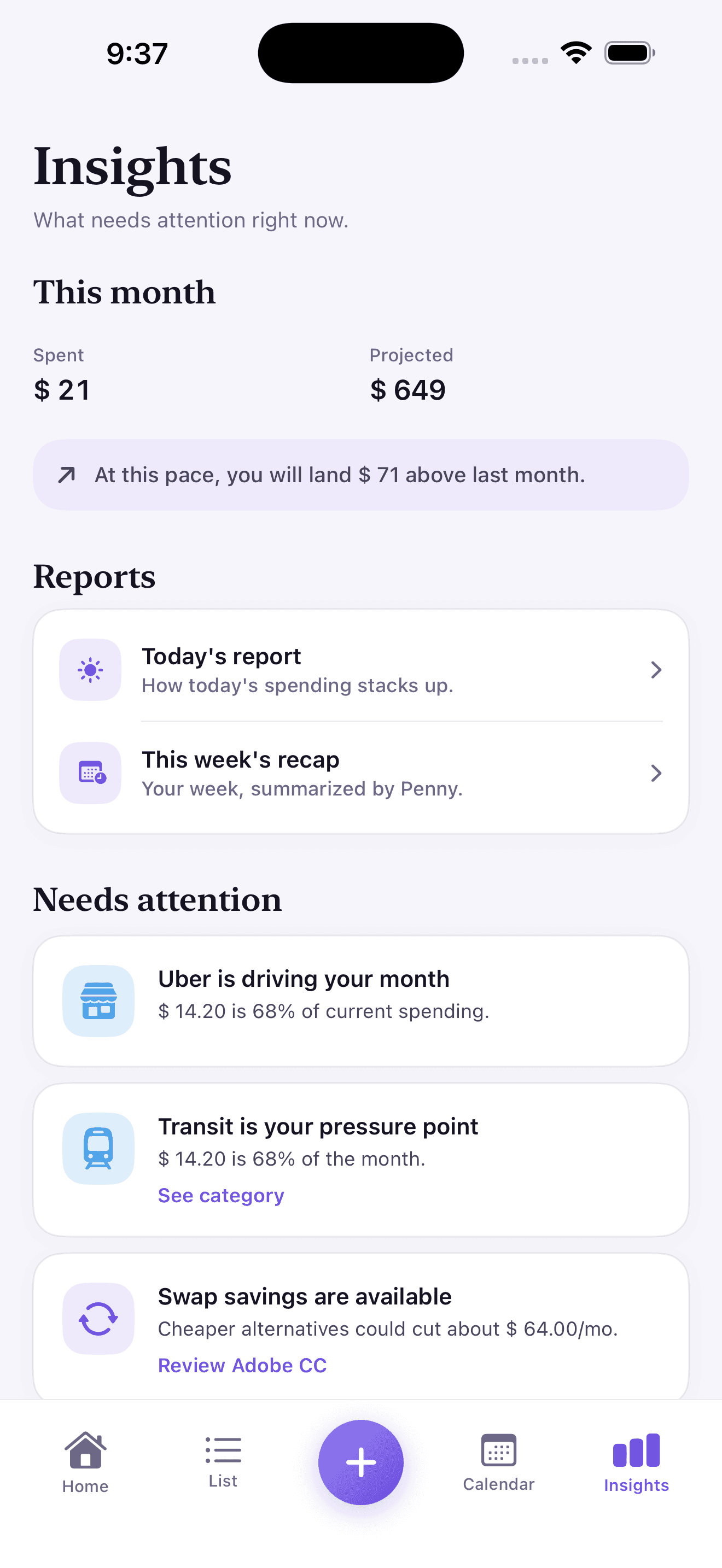 Insights screen showing what needs attention this month