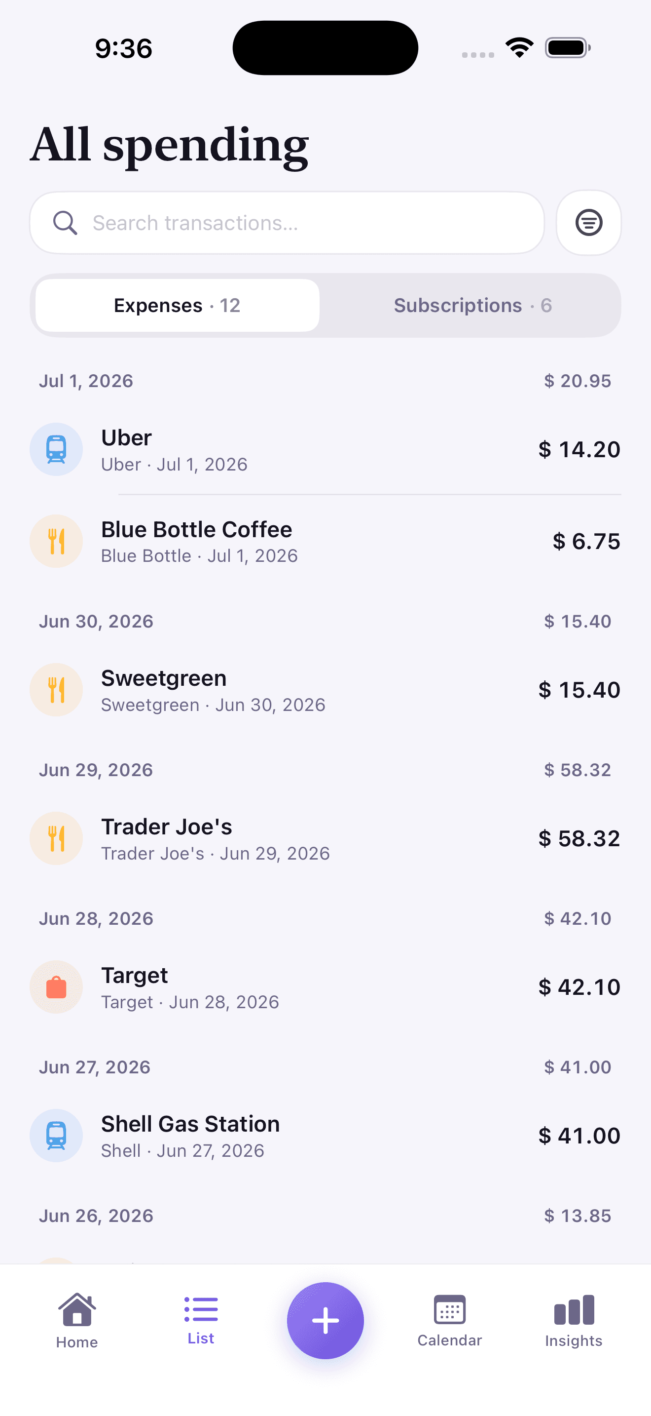 Expense list screen
