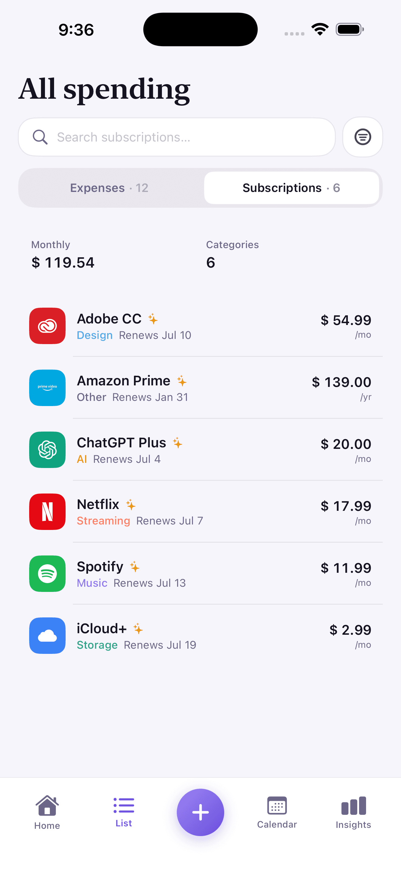 All subscriptions list screen