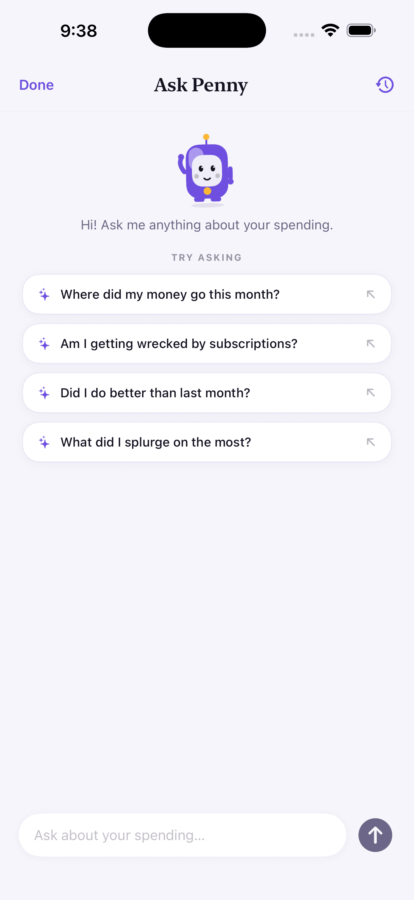 Ask Penny chat screen with example spending questions